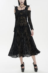 Robe gothique longue noire à épaules dénudées avec volants et imprimé floqué pour femmes
